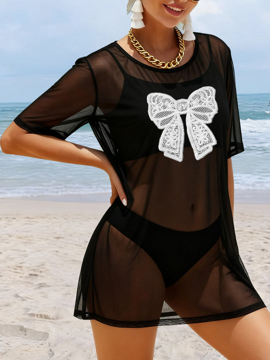Damen transparenter Strandüberwurf mit filigranem Spitzenmuster EB