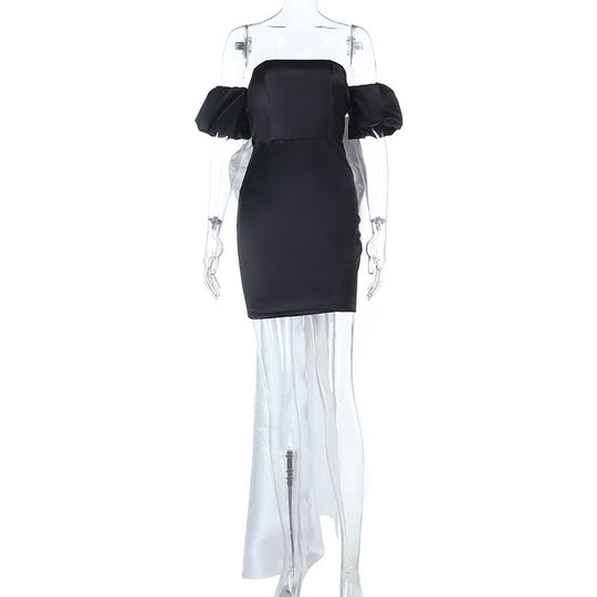 Damen schulterfreies Cocktailkleid mit elegantem Rüschendesign und schickem Schlitz EB