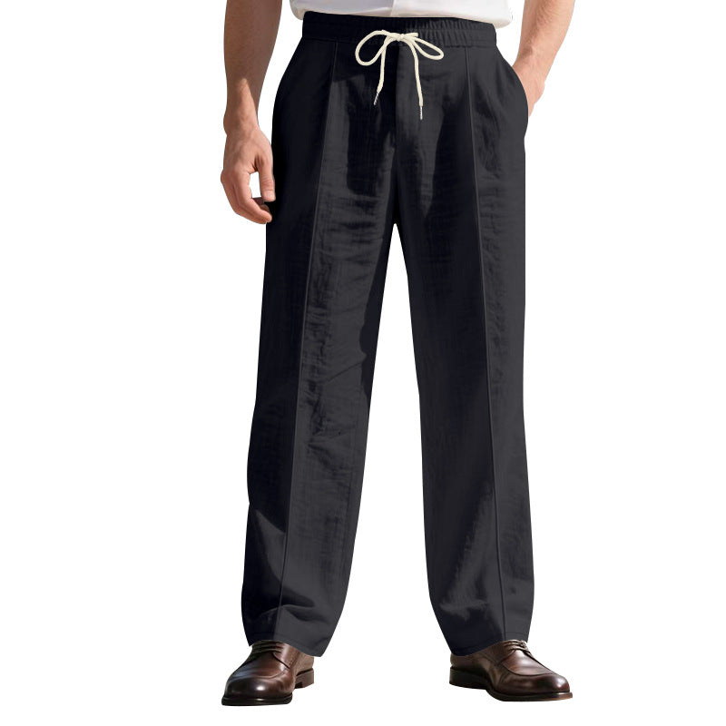 Herren nan legere Leinen-Bundfaltenhose mit elastischem Bund und Kordelzug EB