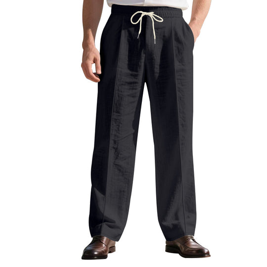 Herren nan legere Leinen-Bundfaltenhose mit elastischem Bund und Kordelzug EB