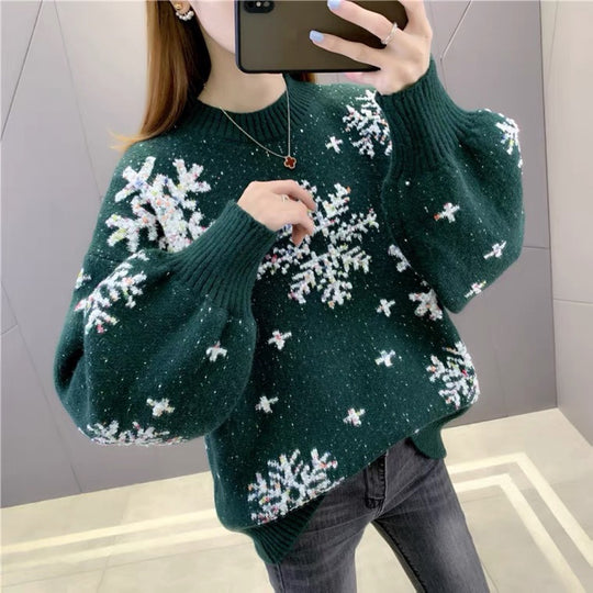 Damen Strickpullover mit Wintermotiv und Puffärmeln EB