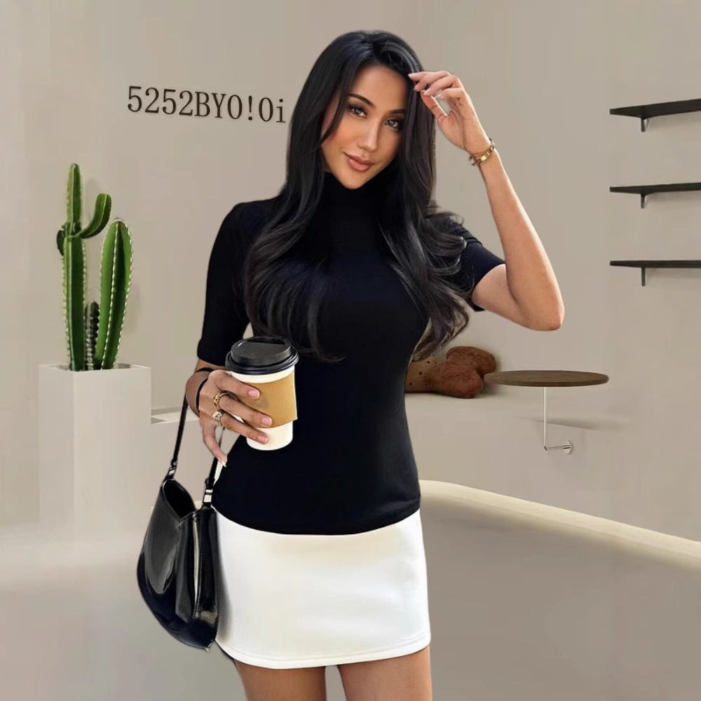 Damen Elegantes Oberteil mit hohem Kragen und kurzen Ärmeln EB