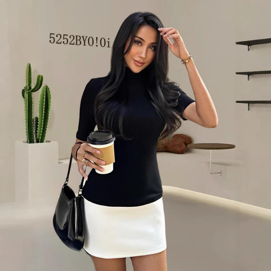 Damen Elegantes Oberteil mit hohem Kragen und kurzen Ärmeln EB