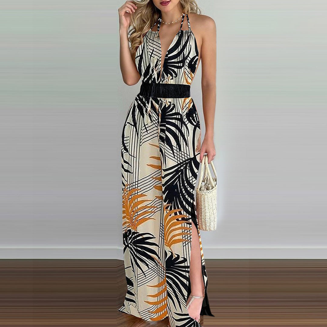 Damen eleganter Jumpsuit mit Spaghettiträgern und hohen Seitenschlitzen EB