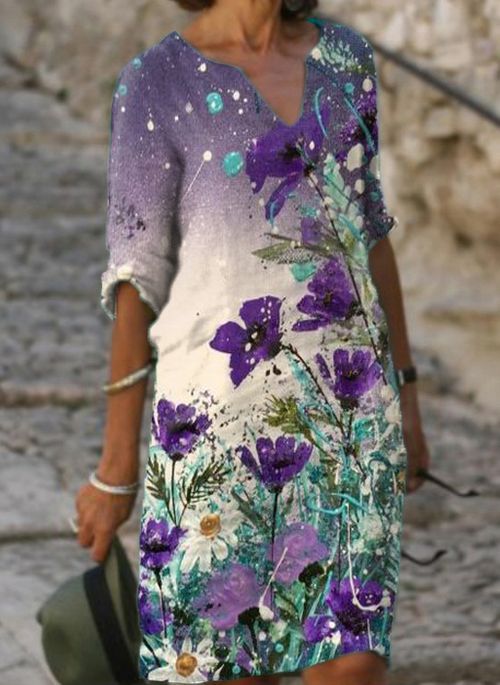 Damen nan lässiges Leinenkleid mit V-Ausschnitt und floralem Allovermuster, knielang mit dreiviertelärmeln EB
