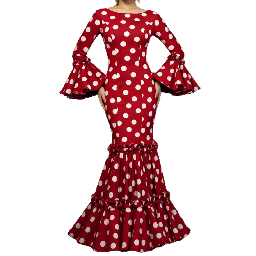 Damen Elegantes Maxikleid mit auffälligem Volant und Polka-Dots EB