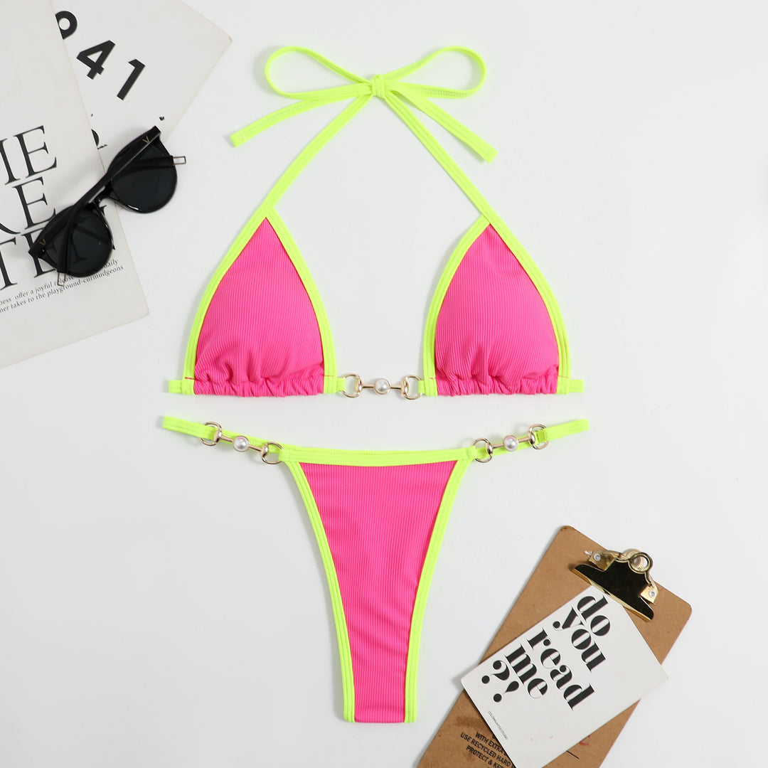 Damen Triangel-Bikini mit modischem Rippdesign und dekorativen Elementen EB