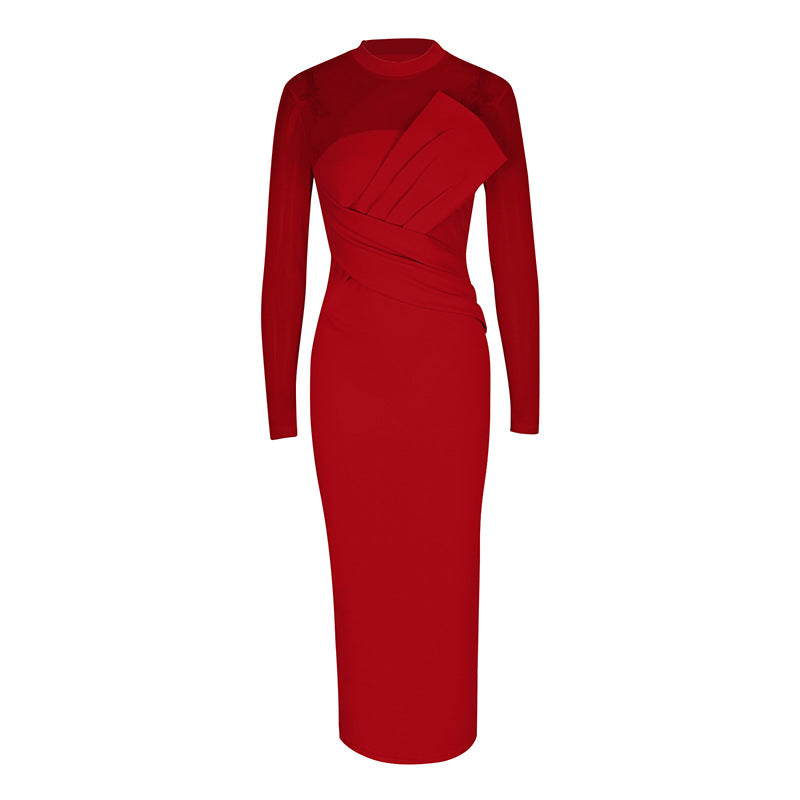 Damen Elegantes Langarm-Midi-Kleid mit raffinierter Drapierung und figurbetonter Silhouette EB