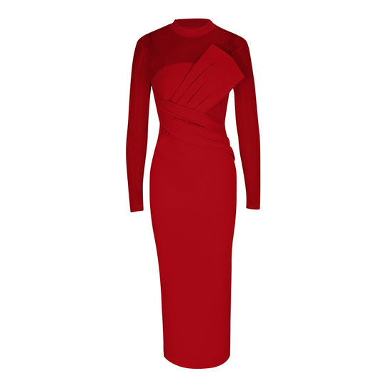 Damen Elegantes Langarm-Midi-Kleid mit raffinierter Drapierung und figurbetonter Silhouette EB