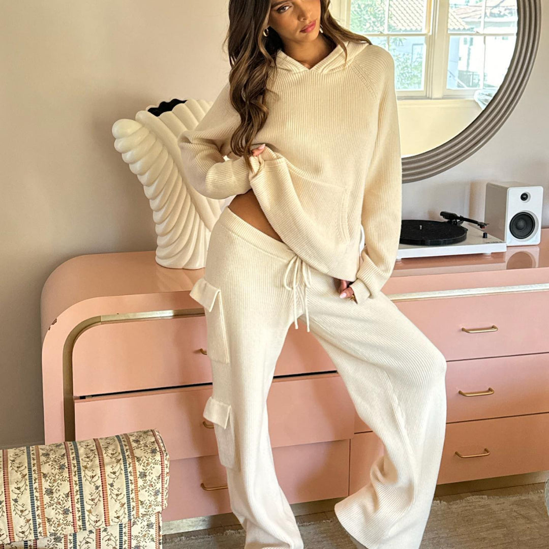 Damen nan gerippter Kapuzenpullover aus Feinstrick mit Kängurutasche und relaxed Fit EB