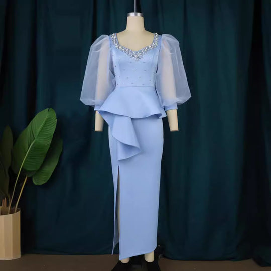 Damen Elegantes Abendkleid mit funkelnden Perlen und voluminösen Tüllärmeln EB