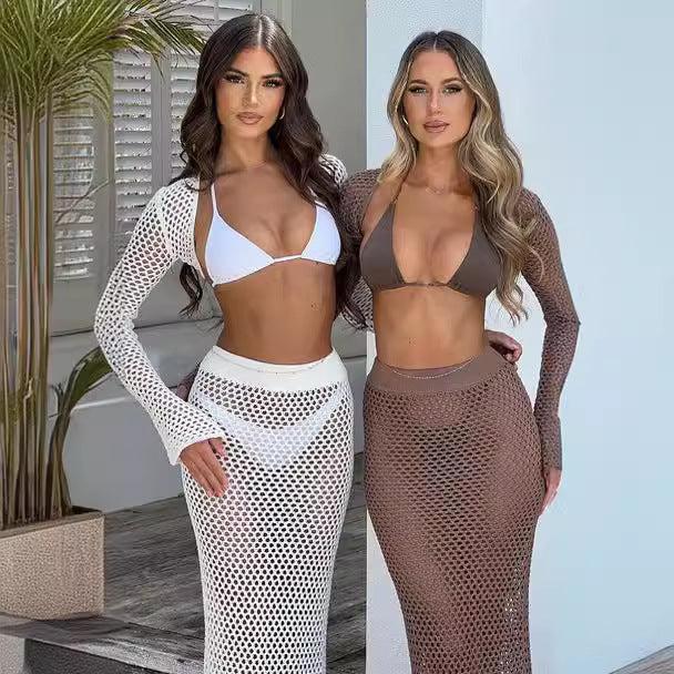 Damen gehäkeltes Strandkleid mit langem Schnitt und transparentem Design EB