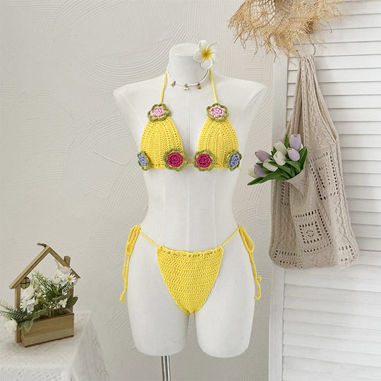 Damen Häkel-Bikini mit verspieltem Blumendesign und verstellbaren Bändern EB