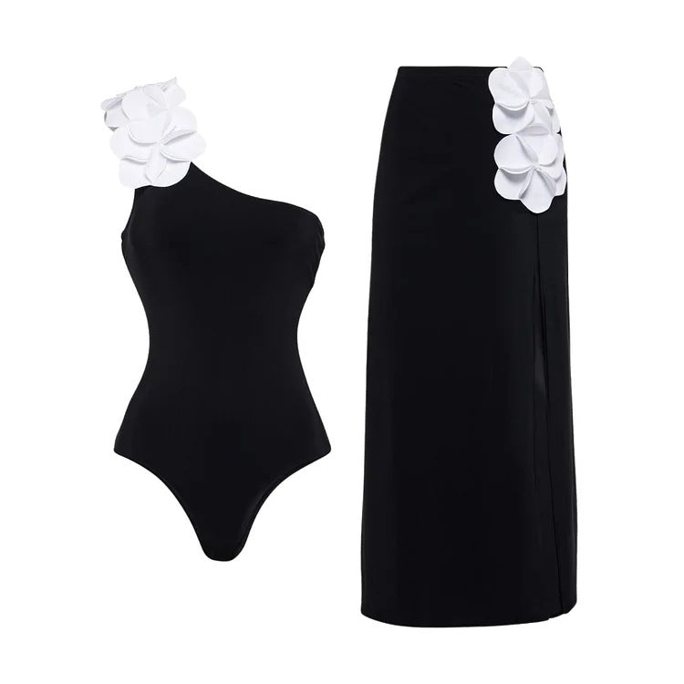 Damen Schwimmanzug mit asymmetrischem Schnitt und floralen Applikationen EB