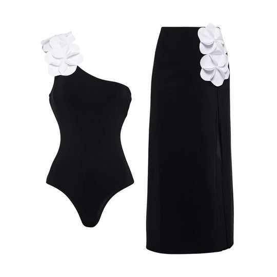 Damen Schwimmanzug mit asymmetrischem Schnitt und floralen Applikationen EB