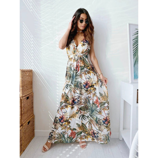 Damen Maxikleid mit floralen Mustern und tailliertem Oberteil EB