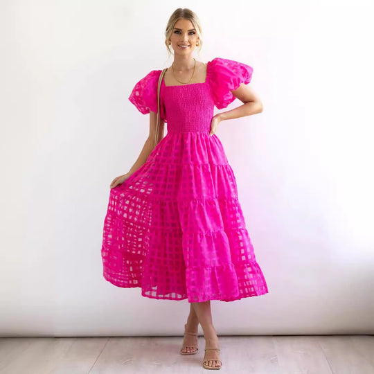 Damen Sommerliches Maxikleid mit voluminösen Puffärmeln und elastischem Taillenbereich EB