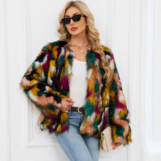 Damen Modische Kunstpelzjacke mit auffälligem Muster EB