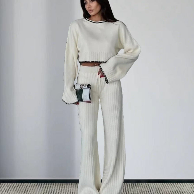 Damen elegantes Strickanzug mit weitem Bein und romantischen Ärmeln EB