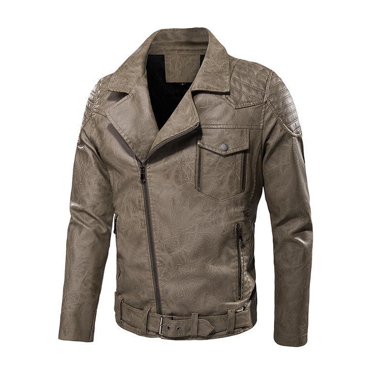 Herren Kunstleder-Bikerjacke mit asymmetrischem Reißverschluss Gürteldetail und gesteppter Schulterpartie EB