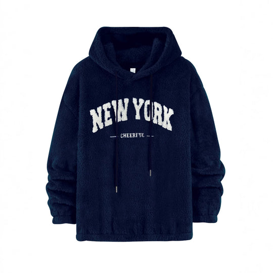 Unisex nan kuscheliger Plüsch-Hoodie mit Chenille-Logo, Kapuze und elastischem Saum EB
