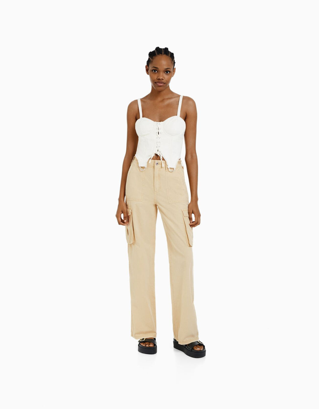 Damen nan weite High-Waist Cargo-Hose mit aufgesetzten Pattentaschen und geradem Bein EB