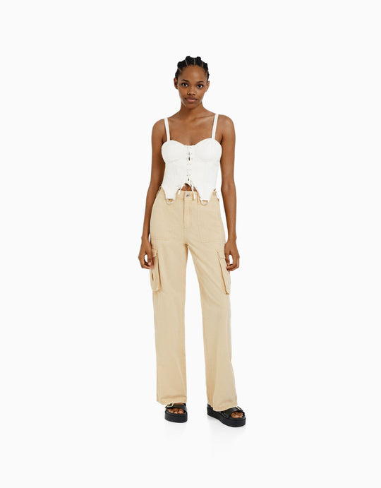 Damen nan weite High-Waist Cargo-Hose mit aufgesetzten Pattentaschen und geradem Bein EB