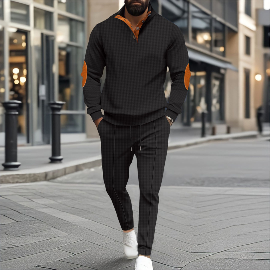 Herren nan feinstrukturiertes Halbkragen-Sweatshirt mit Knopfleiste, dekorativen Ellbogenpatches und legerem Saumabschluss EB