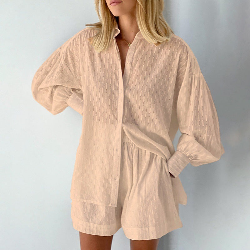 Damen modisches Kurzarm-Pyjama-Set mit strukturierter Oberflächenbeschaffenheit EB