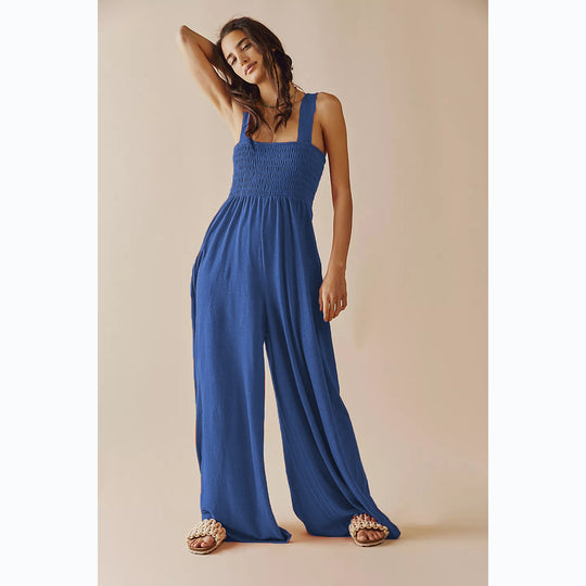 Damen Lässiger Jumpsuit mit elastischem Oberteil und weitem Bein EB