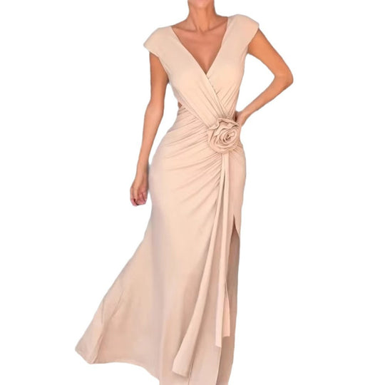 Damen Elegantes Maxikleid mit raffiniertem Wickeldesign und Blumenapplikation EB