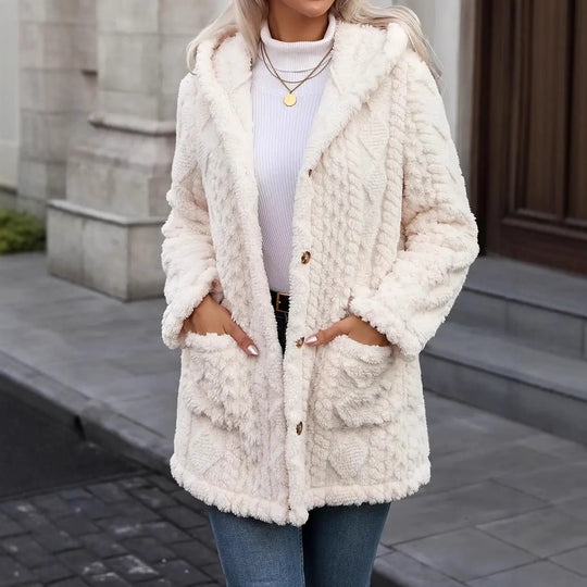 Damen angenehme und weiche Plüschjacke mit Kapuze und Taschen EB