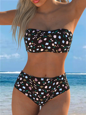 Damen Bandeau-Bikini mit floralem Muster und hohem Taillenschnitt EB