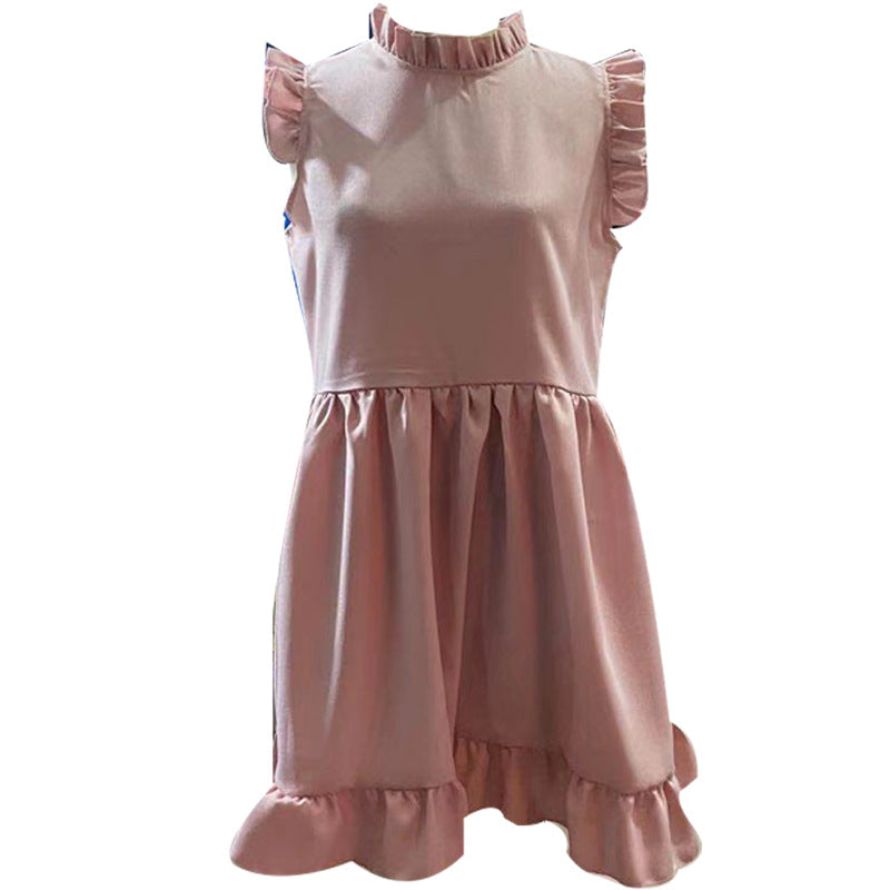 Damen lässiges Rüschendetails Kleid mit hohem Kragen EB