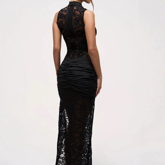 Damen Spitzenkleid mit tiefem V-Ausschnitt und sexy Schlitz EB