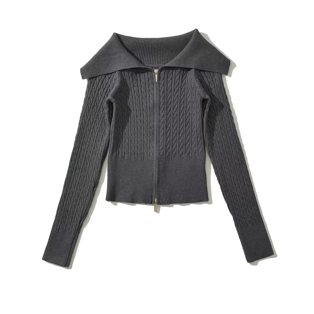 Damen modische Strickjacke mit weitem Kragen und Reißverschluss EB