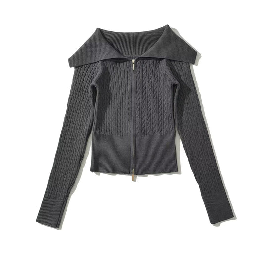 Damen modische Strickjacke mit weitem Kragen und Reißverschluss EB