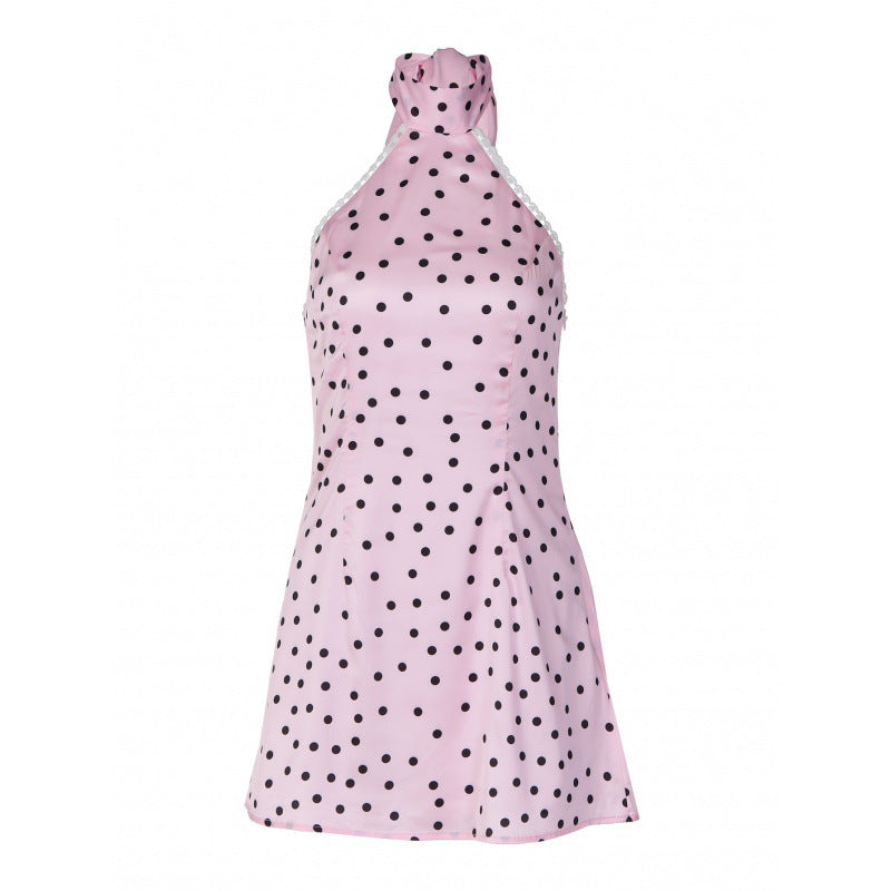 Damen Polka-Dot Minikleid mit hohem Kragen und A-Linien-Schnitt EB