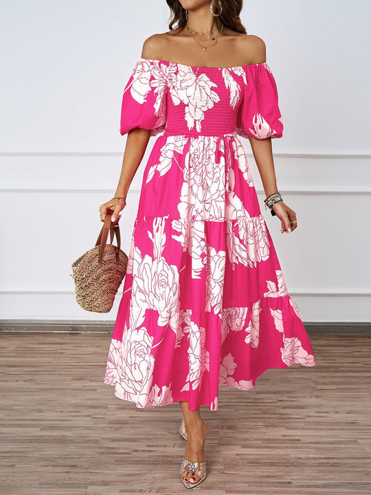 Damen Sommerkleid mit elegantem Puffärmel-Design und floralem Muster EB