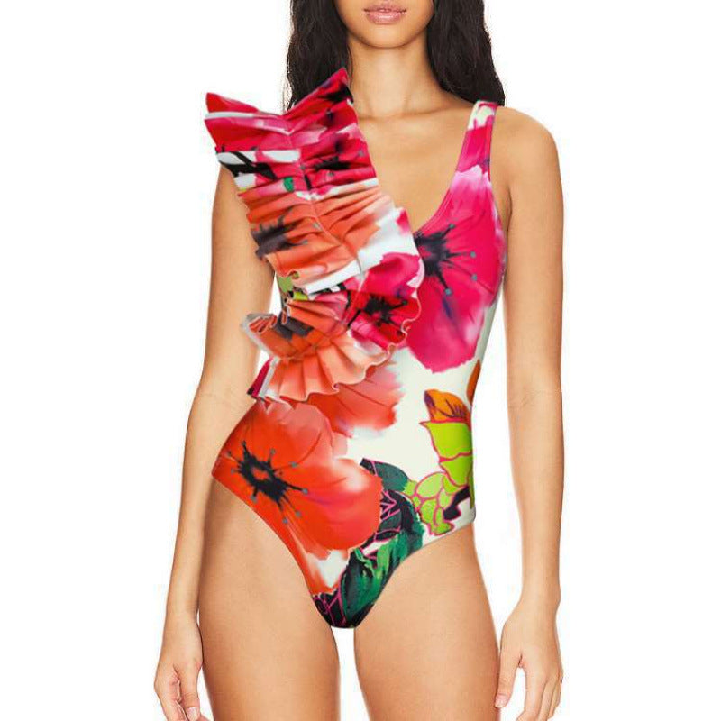 Damen Badeanzug mit voluminösem Rüschendetail und eleganter Wickelrock-Option EB