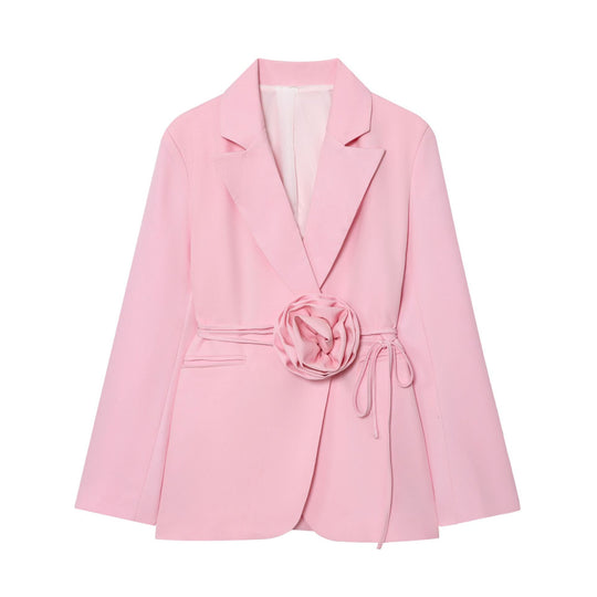 Damen nan taillierter Blazer mit dekorativer Rosenapplikation und Bindegürtel EB