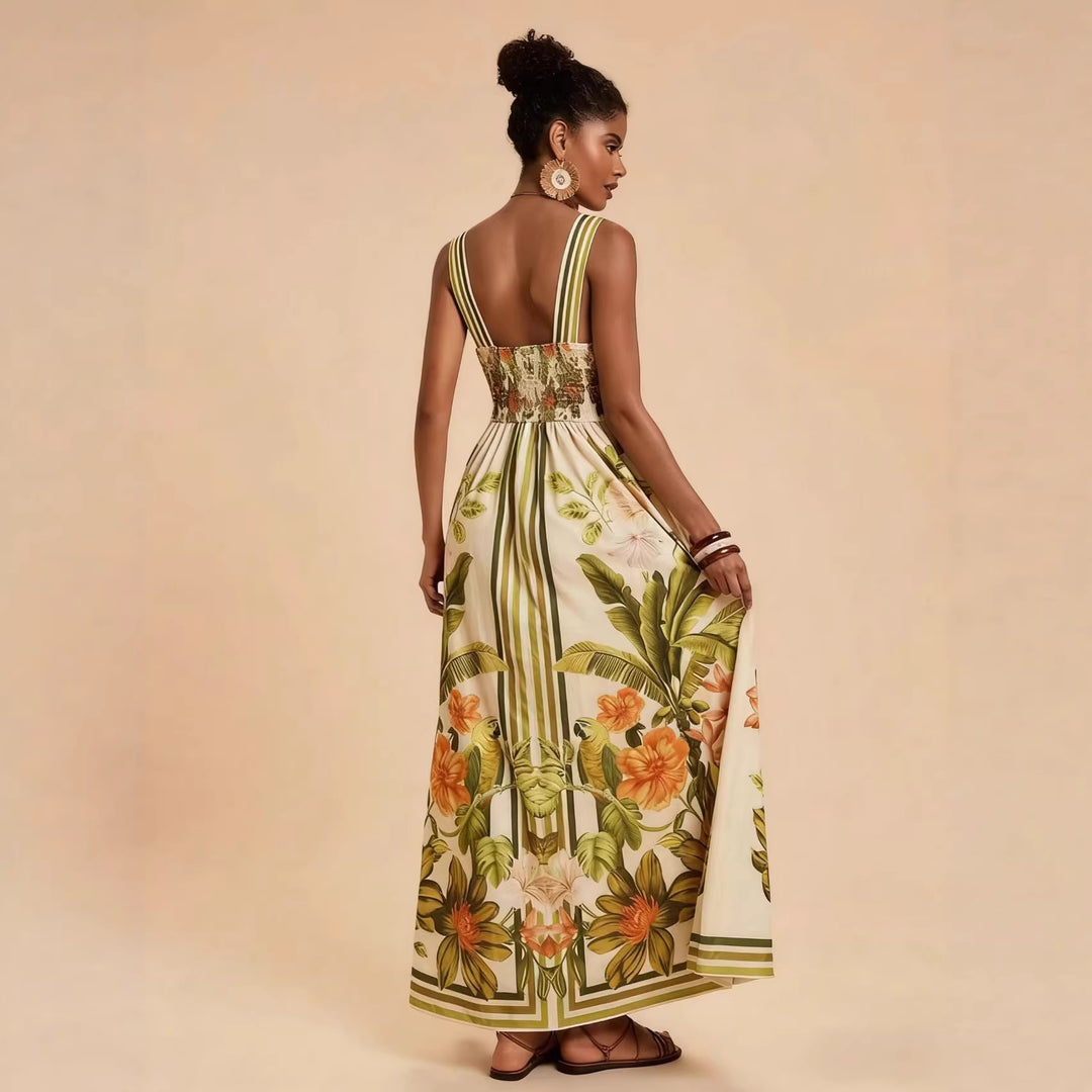 Damen Maxikleid mit tiefem V-Ausschnitt und floralem Design EB