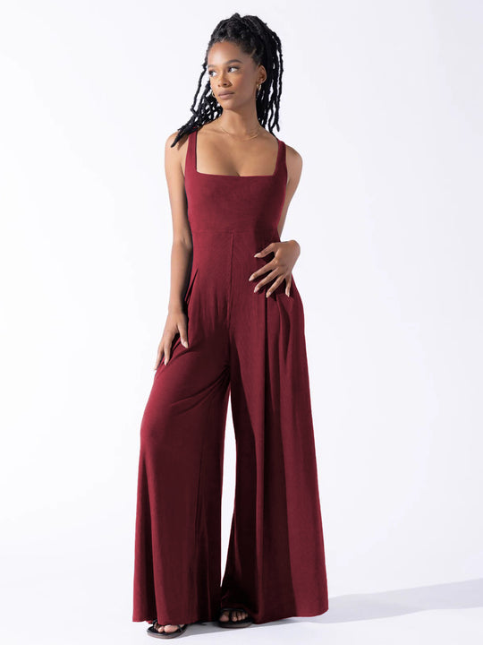 Damen Eleganter Jersey Jumpsuit mit weitem Bein und tiefem Ausschnitt EB