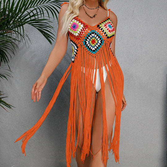 Damen Häkel-Strandüberwurf im bohemian Stil mit dekorativen Fransen EB