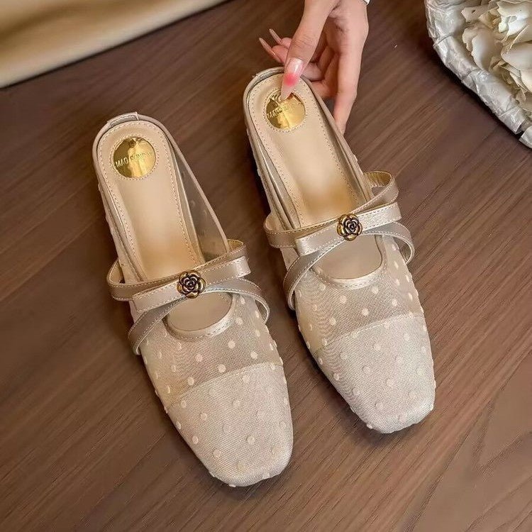 Damen Slingback-Pantoletten mit zierlichem Riemchen und Pünktchenmuster EB
