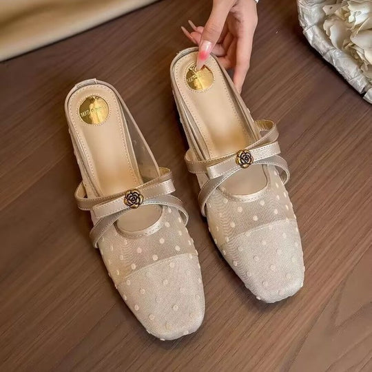 Damen Slingback-Pantoletten mit zierlichem Riemchen und Pünktchenmuster EB
