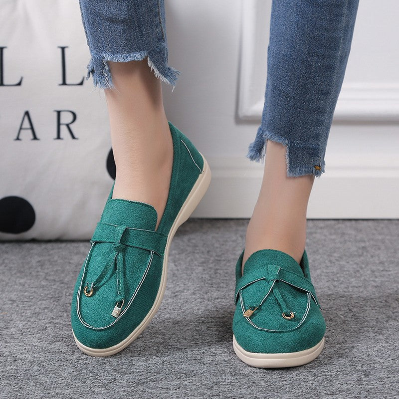 Damen lässige Veloursleder-Optik Slipper mit dekorativer Zierkordel, weichem Komfortfußbett und flexibler Leichtsohle EB