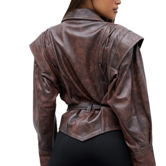 Damen modische Wildlederjacke mit tailliertem Schnitt und Bindegürtel EB