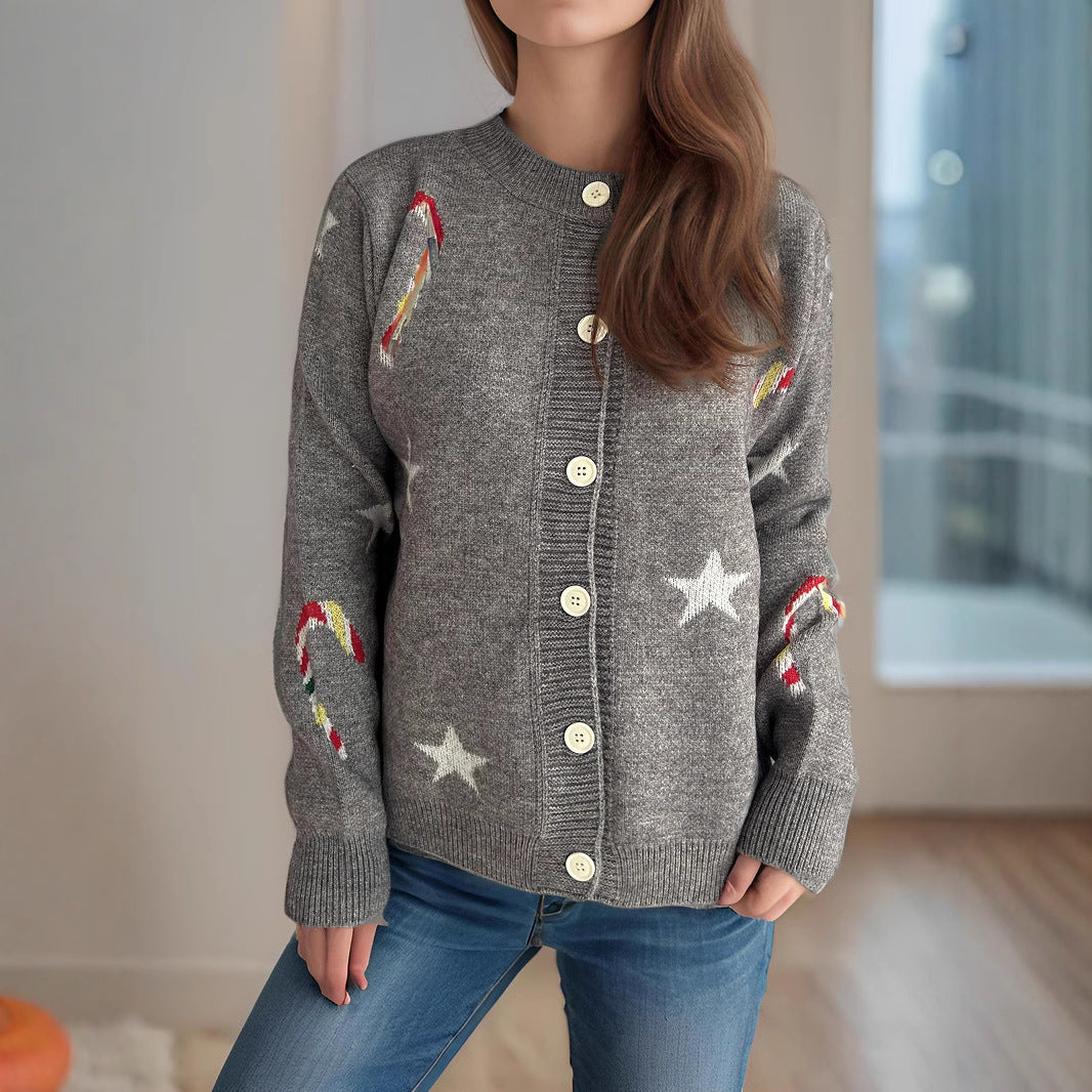 Damen Strickjacke mit festlichem Motiv und dekorativen Knöpfen EB