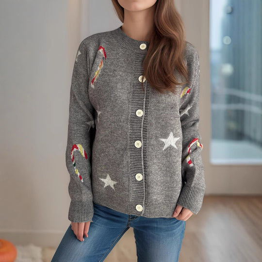 Damen Strickjacke mit festlichem Motiv und dekorativen Knöpfen EB